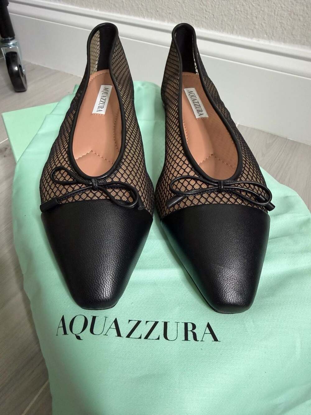 Aquazzura Gioia Mesh Ballet Flats Black Nappa Leather $760 Retail